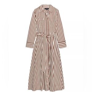 Zara Burgundy, Olive Green and Cream Striped Long Sleeve Poplin Shirt Dress
